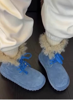羊毛版~英伦风厚底系带蓝色雪地靴女冬季加绒毛毛靴棉靴保暖短靴