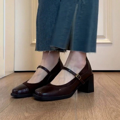 羊皮版！法式方头粗跟玛丽珍鞋女
