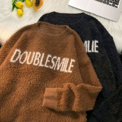 水貂绒毛衣男秋冬季加绒加厚高级感针织衫美式复古软糯慵懒风外套