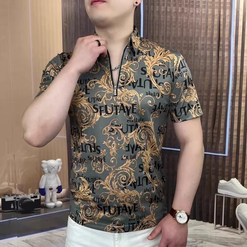 轻奢大满花衬衫男短袖新款夏季高级感痞帅冰丝POLO衫