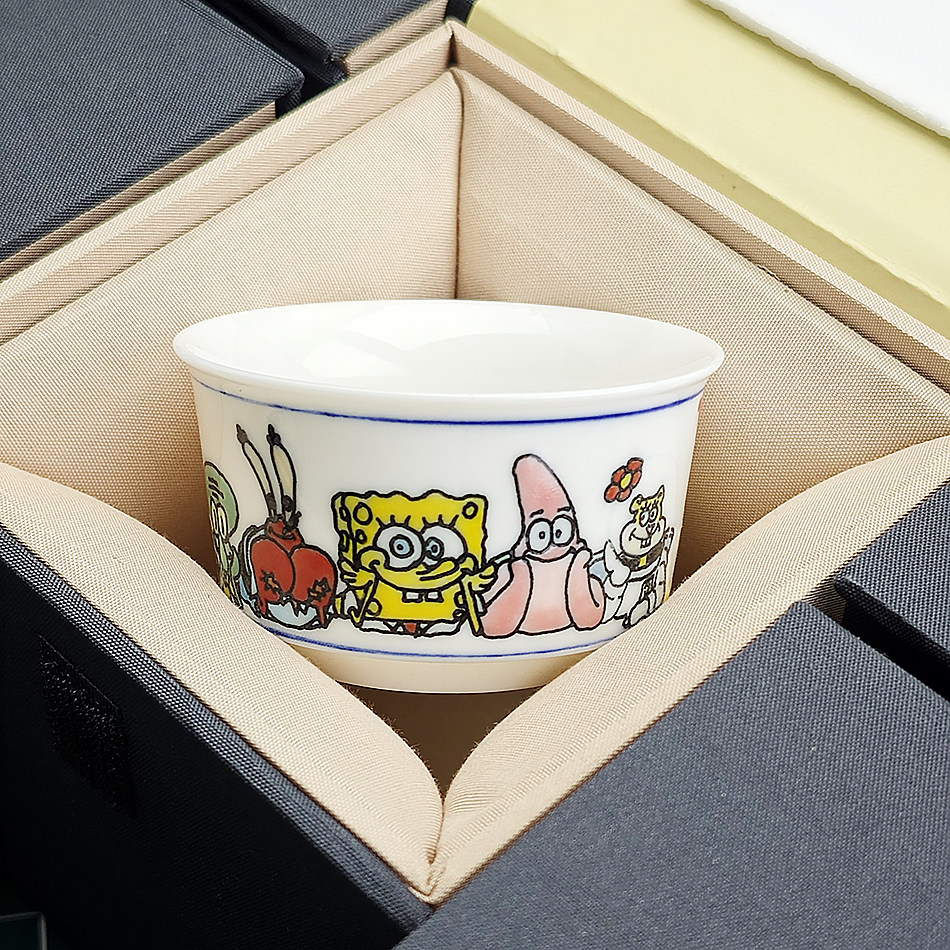 手工定制釉下彩海绵宝宝陶瓷茶杯