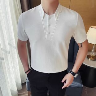 高级感痞帅风半袖 V领polo衫 潮牌纯色2025新款 男短袖 小立领t恤 夏季