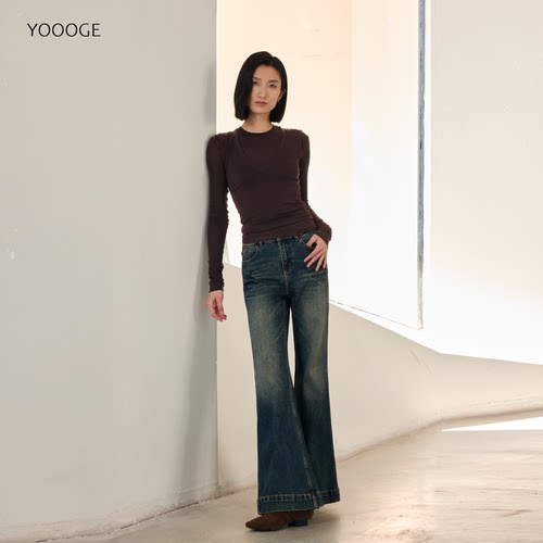 右格Jeans 设计感口袋刺绣显腿长高腰微喇牛仔裤女气质百搭长裤子