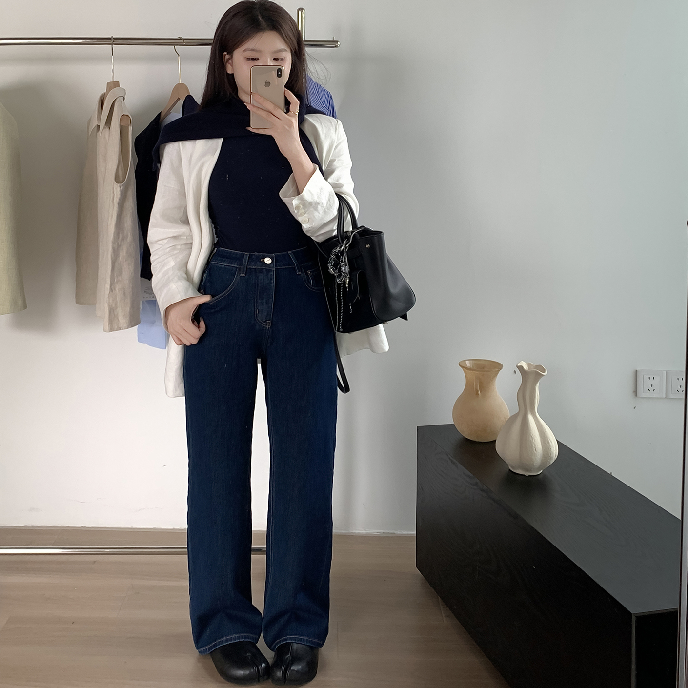 右格Jeans牛仔裤女秋季新款复古高腰百搭显瘦蓝色直筒长裤#Y59055