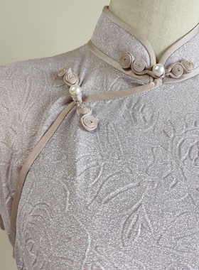 2024 夏 旗袍紫色 织银 弹力提花 长旗袍 日常复古 新中式 长旗袍