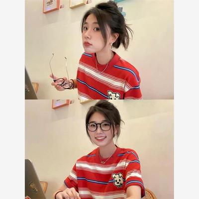 美式复古红色条纹t恤女短