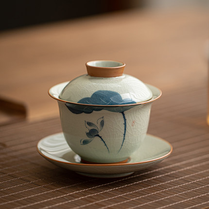 哥窑手绘三才盖碗茶杯单个高档大号陶瓷高端泡茶碗带盖功夫茶具