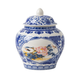 将军茶叶罐陶瓷仿古青花瓷罐带盖罐子中号密封储物罐普洱散茶罐