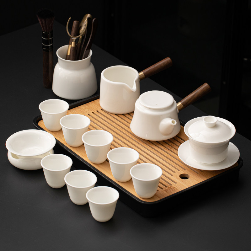 羊脂玉功夫茶具套装家用客厅轻奢办公室茶盘高档白瓷侧把茶壶茶杯