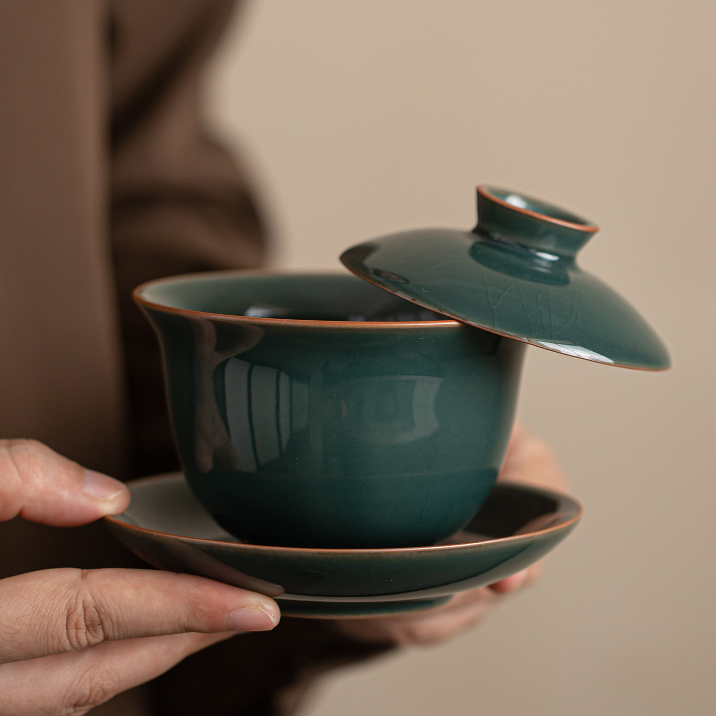 哥窑冰裂纹三才悬停盖碗茶杯高档功夫茶具中式家用泡茶碗不烫手