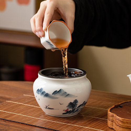 晨翔手绘山水茶洗建水茶渣缸