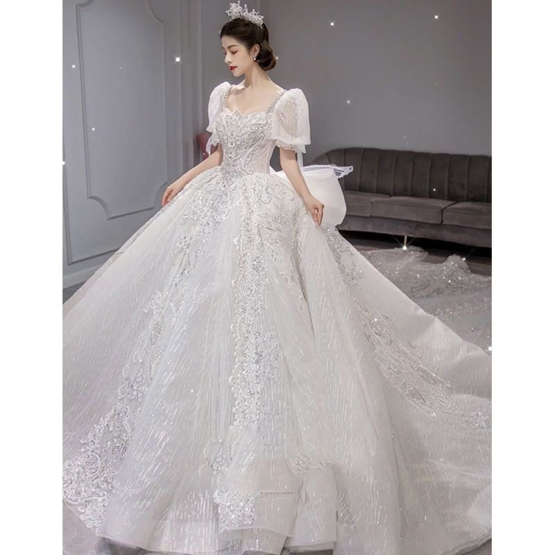 主大码婚纱礼服新娘2025新款大拖尾女小个子法式重工气质一字