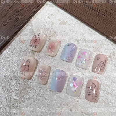 RuRu Nail·纯手工手绘穿戴甲·涂鸦猫咪彩铅手绘短方原相机直拍