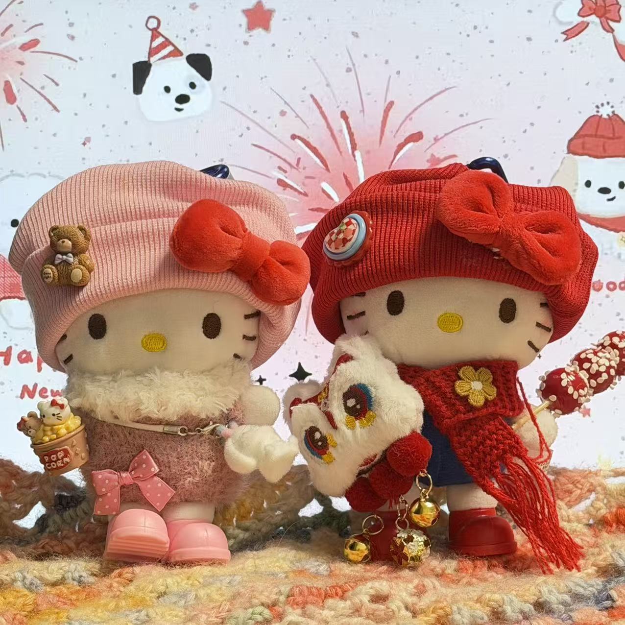 新年红醒狮套装kitty挂件玩偶毛绒挂饰公仔钥匙扣新年礼物好寓意