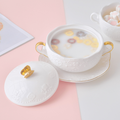 欧式浮雕燕窝小碗金边双耳陶瓷