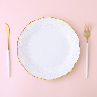 欧式金边浮雕陶瓷蕾丝西餐盘套装