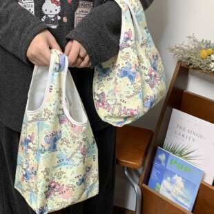 软fufu史迪仔涂鸦手拎包帆布包女托特包上课通勤手提大容量购物袋