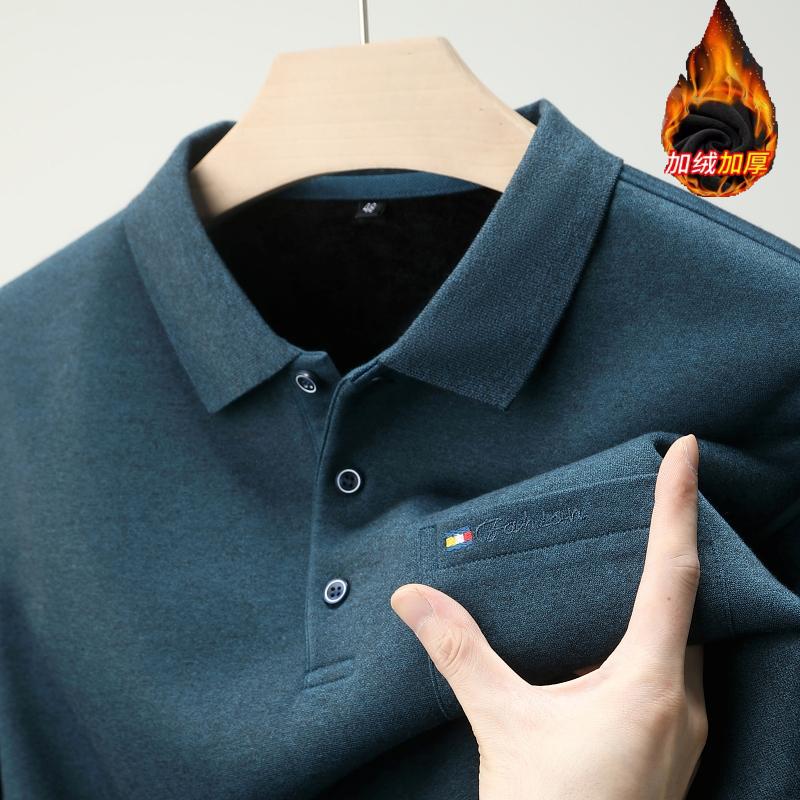 加绒翻领口袋长袖T恤中年爸爸装大码宽松百搭加厚打底棉质保暖衫