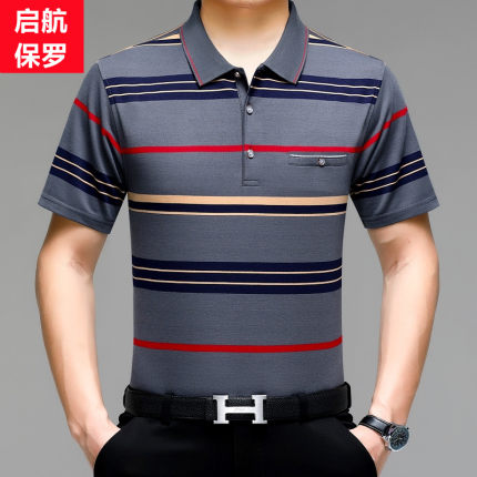 短袖t恤男夏季棉中老年宽松薄款polo衫条纹翻领中年爸爸装有口袋