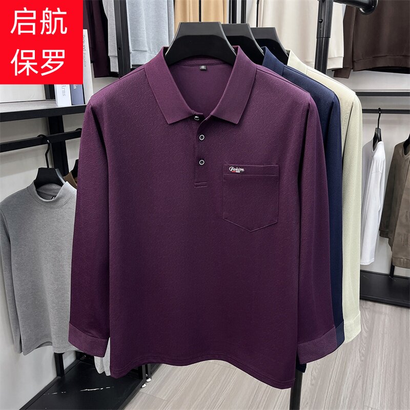 中年男士长袖t恤翻领春秋季口袋纯色上衣休闲打底衫爸爸装polo衫