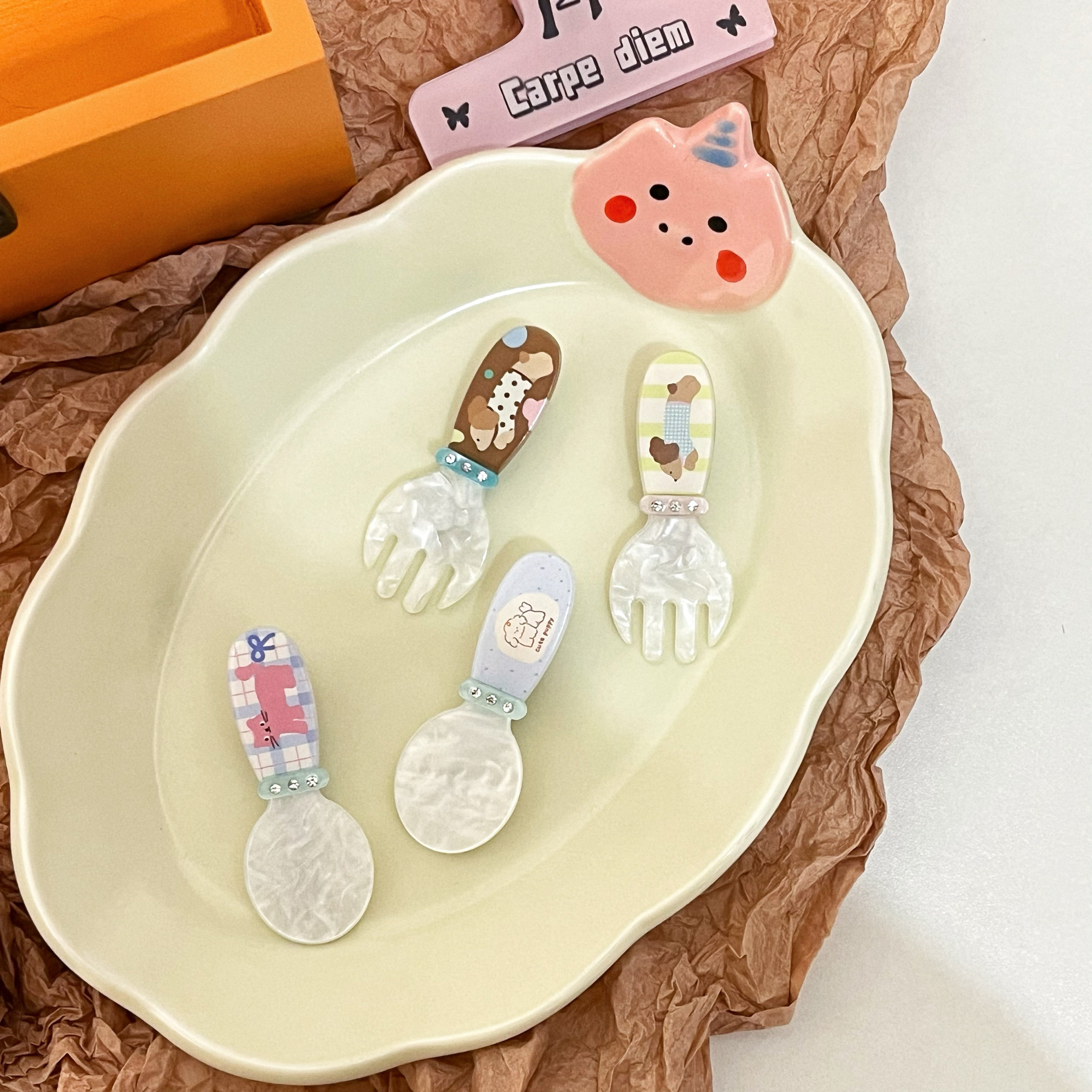 小猫小狗带钻发夹叉子勺子刘海夹甜妹发卡子可爱鸭嘴夹头饰少女心图片