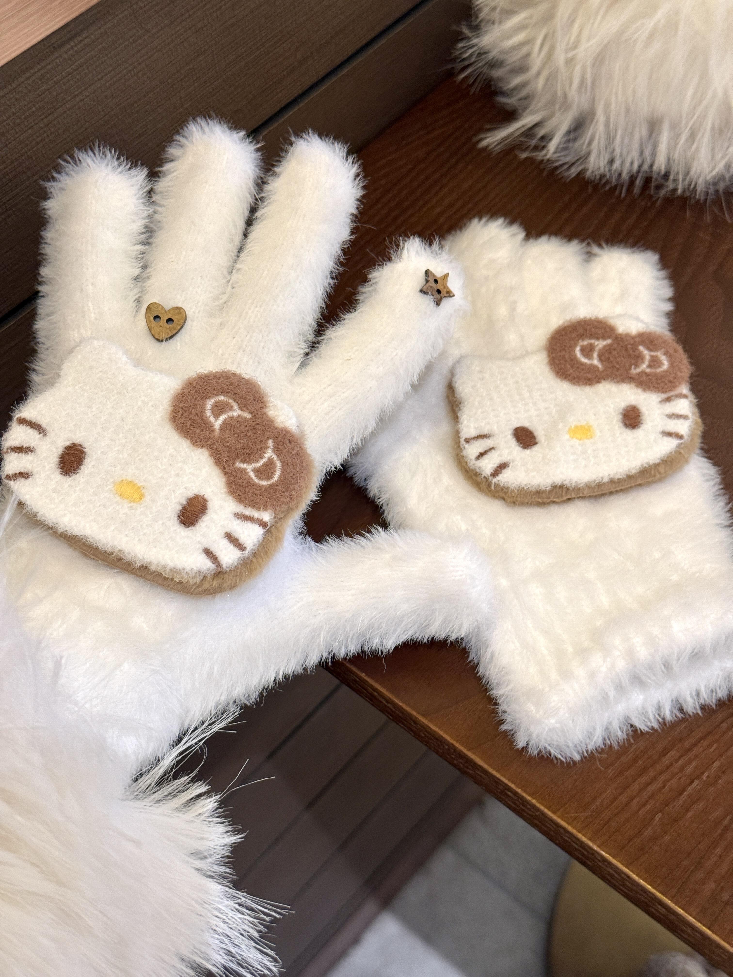 焦糖味小猫咪木质纽扣秋冬气息毛绒手套2025新款少女心骑行保暖潮