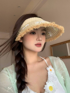 夏日C雏菊～法式拉菲草帽海边沙滩度假空顶遮阳防晒帽草编空顶帽
