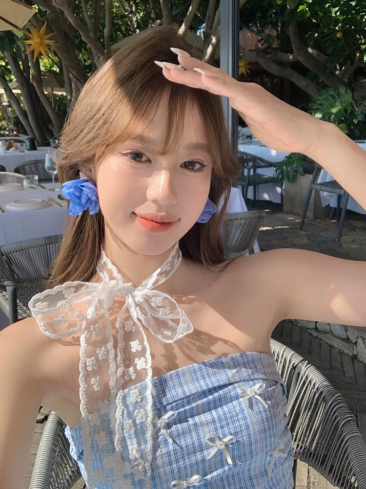 spring氧气感~蕾丝花边围脖蝴蝶结颈带女春秋薄款度假风装饰围脖