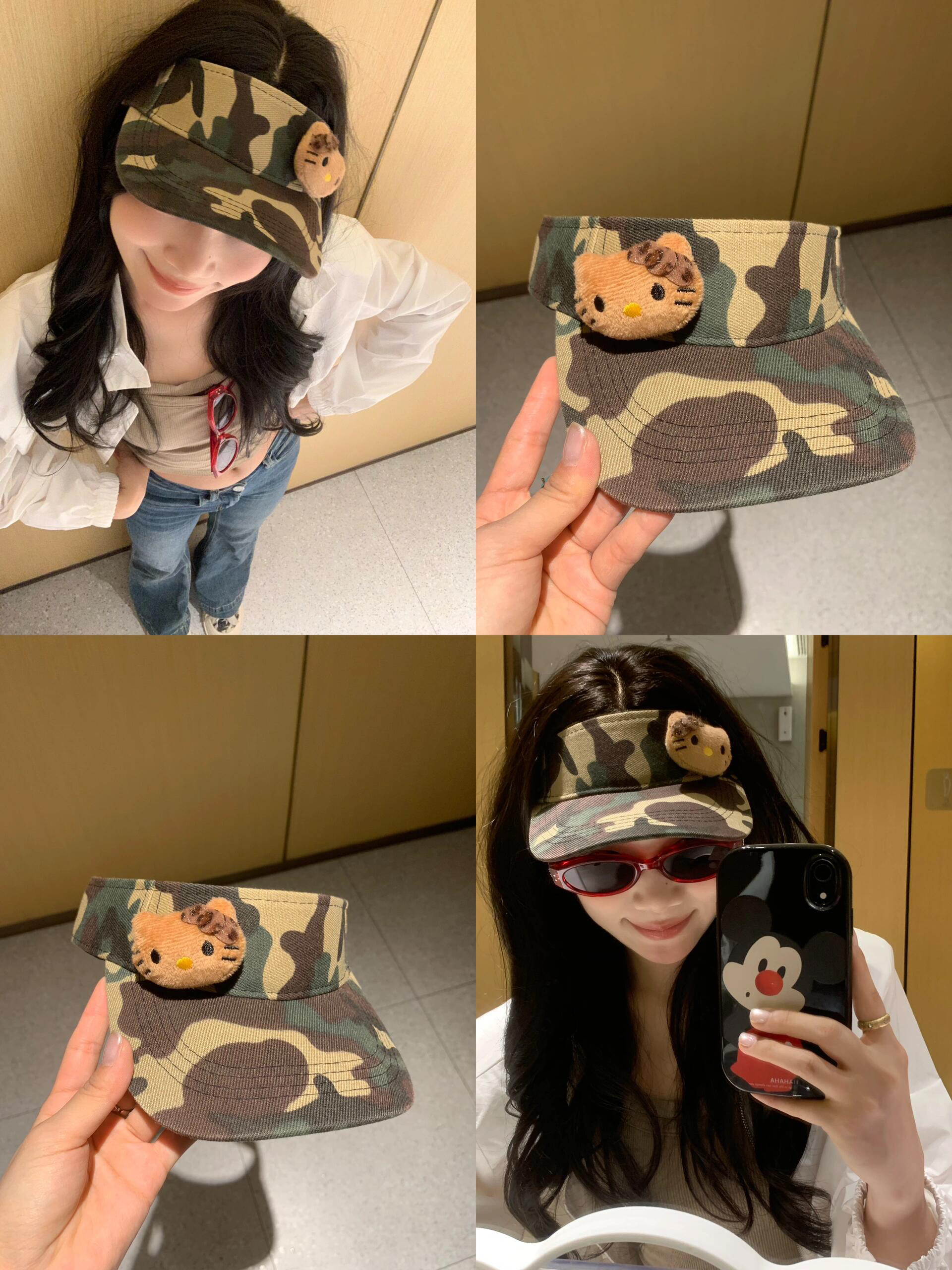 黑皮小猫咪迷彩空顶鸭舌帽女2025新款夏季百搭军训帅气防晒遮阳帽