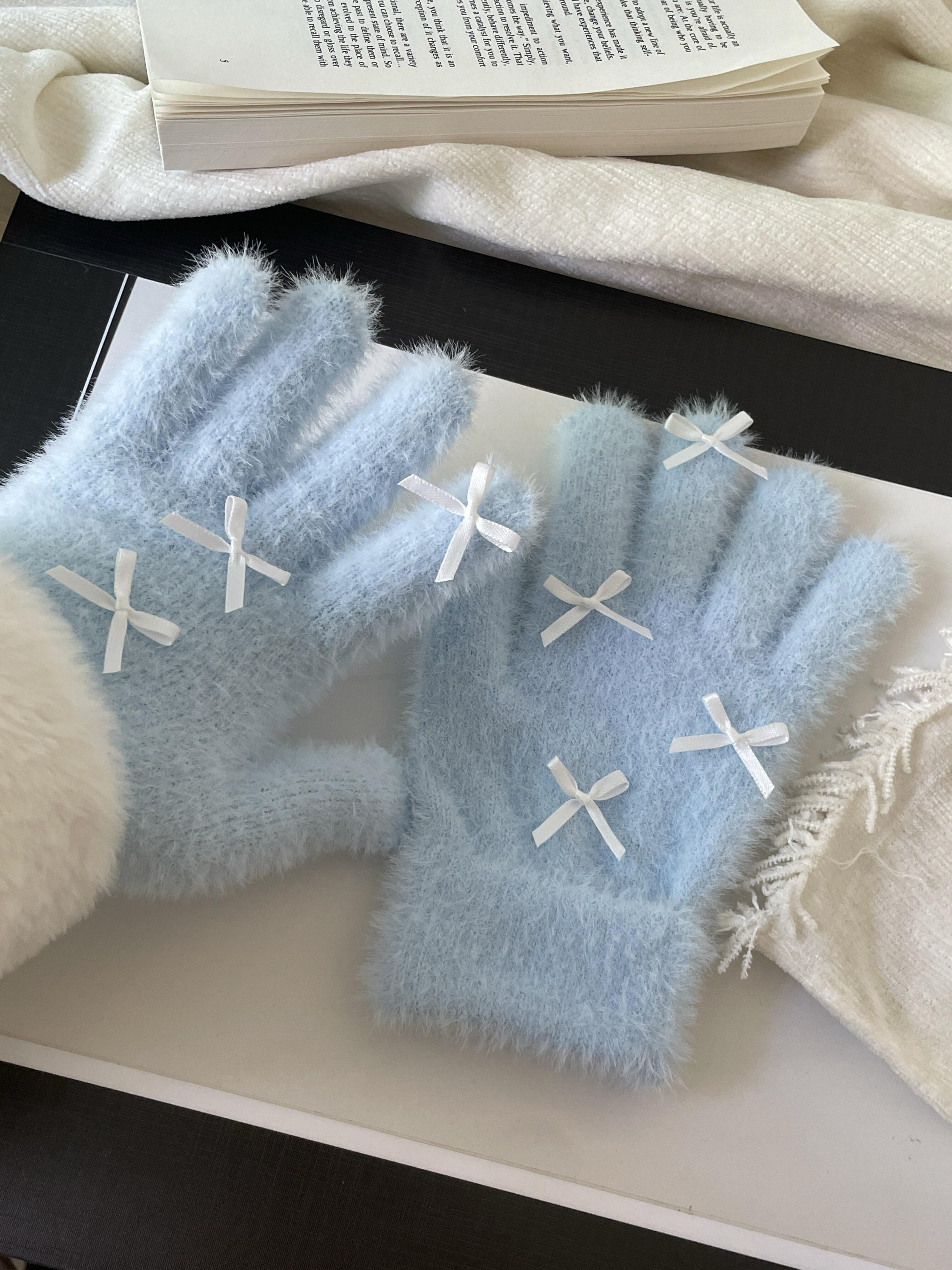 慕蓝雪日恋·甜美蝴蝶结可爱kitty少女心秋冬保暖仿兔毛手套