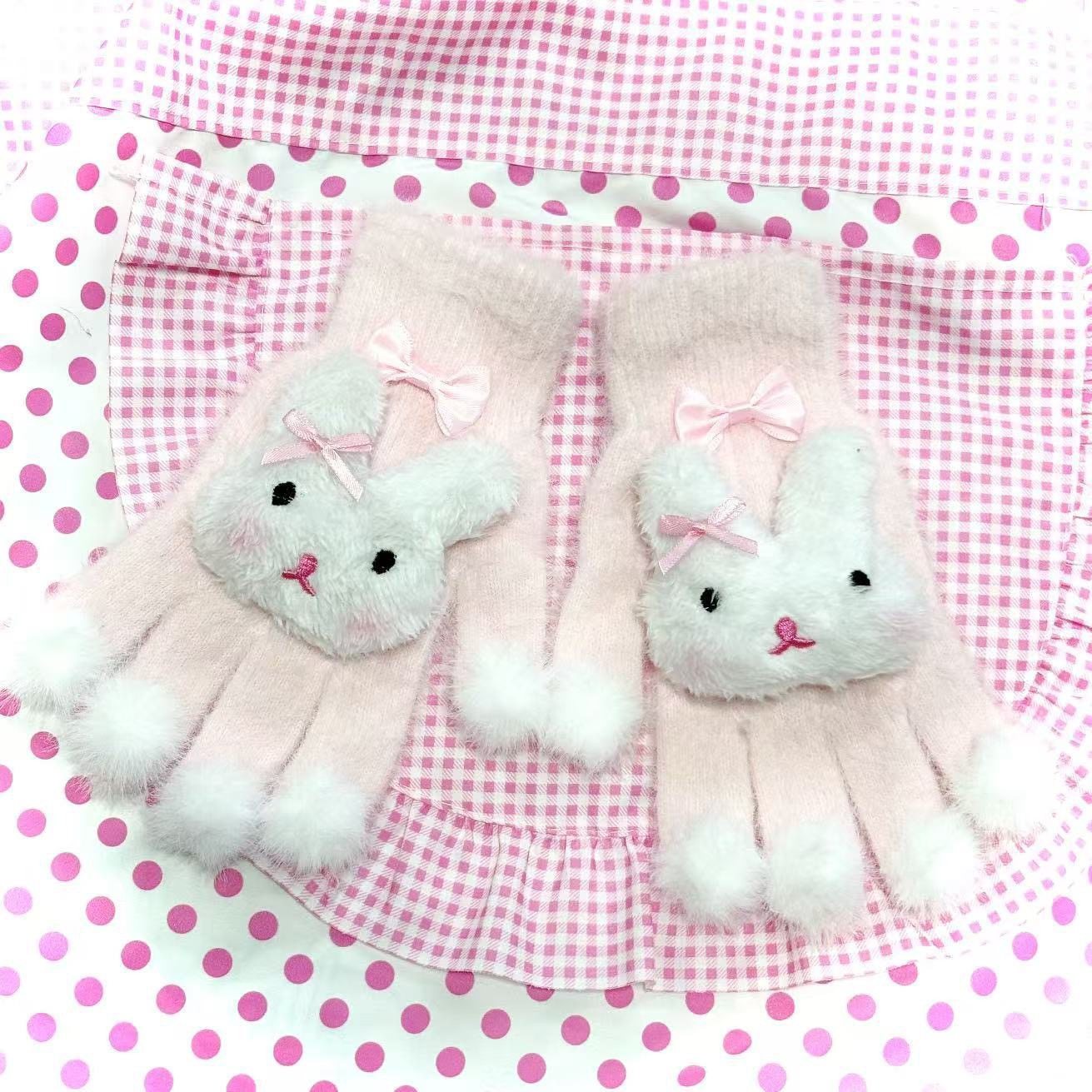 蝴蝶结小熊兔毛球美甲好有趣耶！可爱搞怪软萌少女心毛绒加厚手套