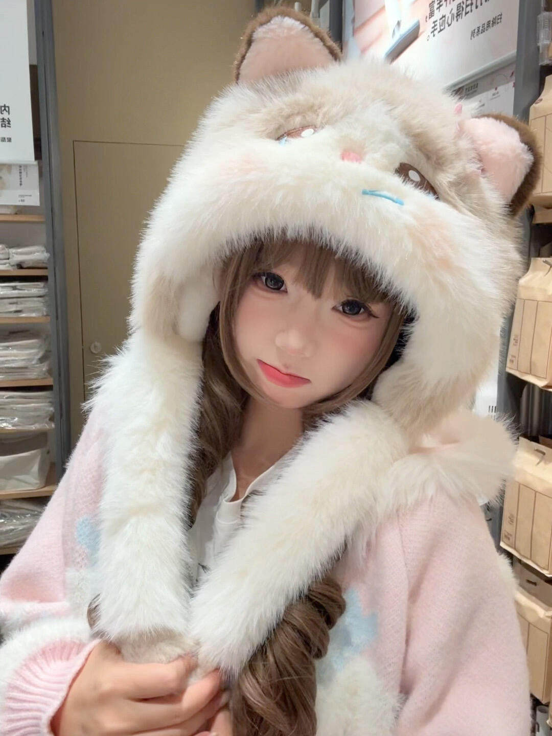 少女布偶猫小萌物害羞捏捏动耳毛绒帽2026新款加厚防寒护耳雷锋帽