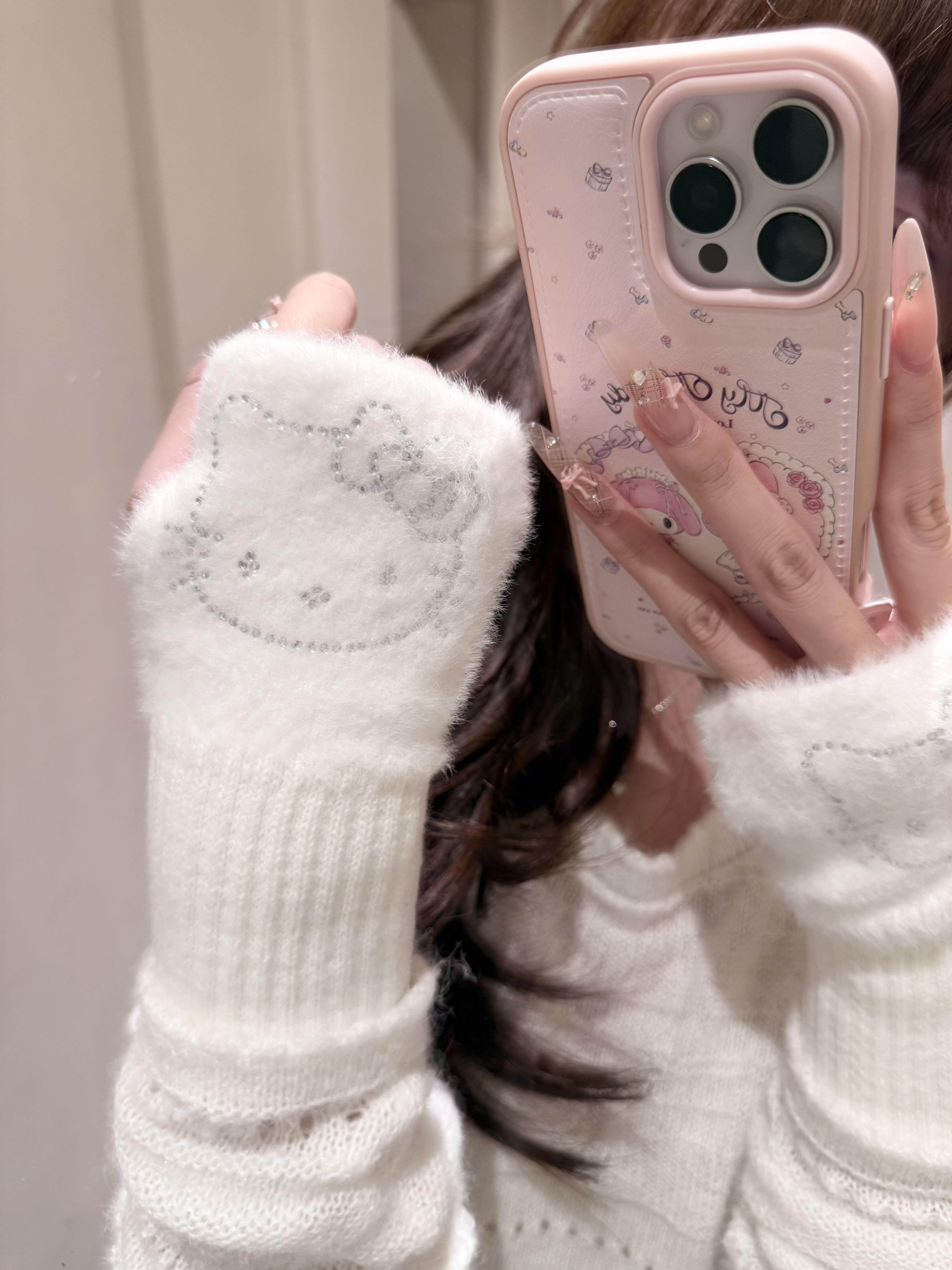烫钻kitty闪闪半指保暖手套2025新款冬季写字办公露指学生防寒潮