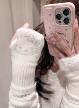 烫钻kitty闪闪半指保暖手套2025新款冬季写字办公露指学生防寒潮