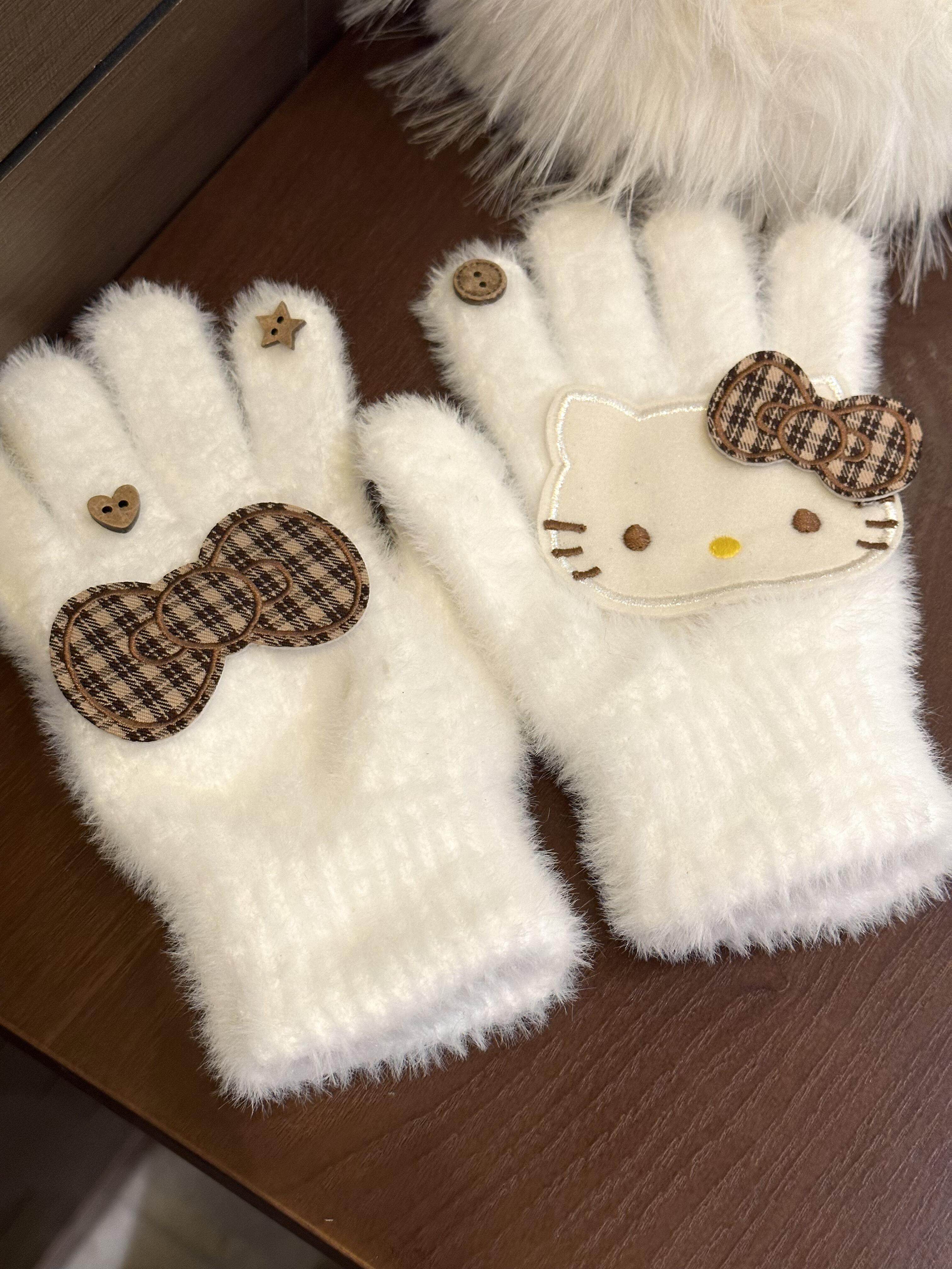 复古文艺豹纹格子kitty蝴蝶结仿水貂绒手套2025新款少女心可触屏