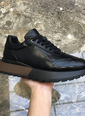 新款真皮男鞋秋冬加厚加绒休闲鞋黑色厚底舒适百搭时尚潮流运动鞋