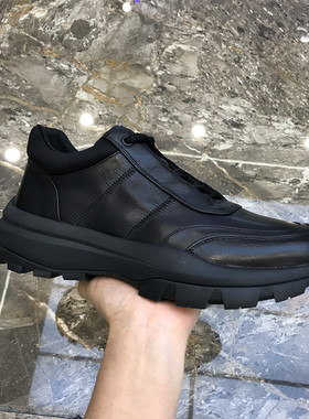 秋冬新款男士真皮系带休闲鞋黑色百搭时尚户外老爹鞋潮流加绒保暖