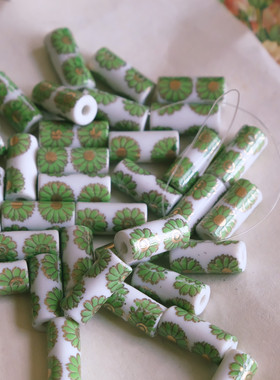 18×8mm 日本复古绿色雏菊印花圆管古着珠琉璃珠手工串珠材料散珠