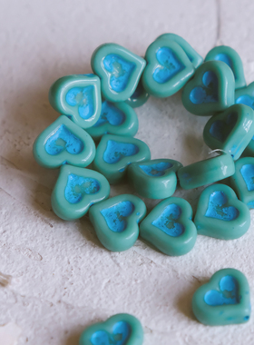 14×12mm松石绿蓝色水彩撞色爱心进口捷克琉璃珠手工串珠材料散珠