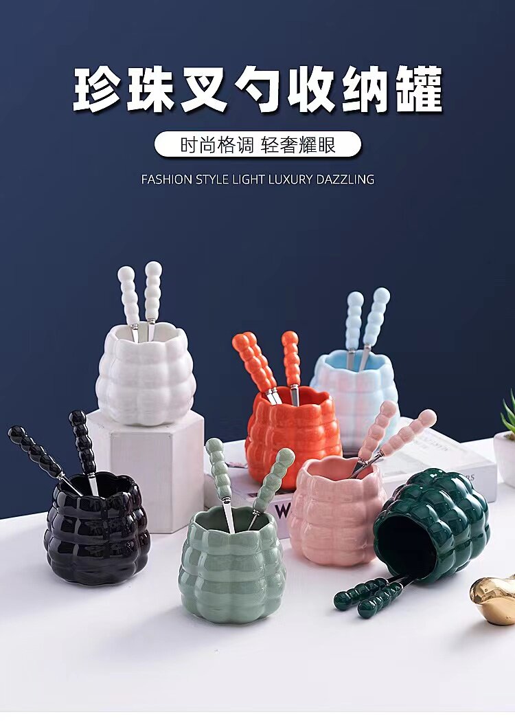 高颜值水果叉套装家用轻奢陶瓷收纳罐甜品叉果签叉甜品叉子水果签