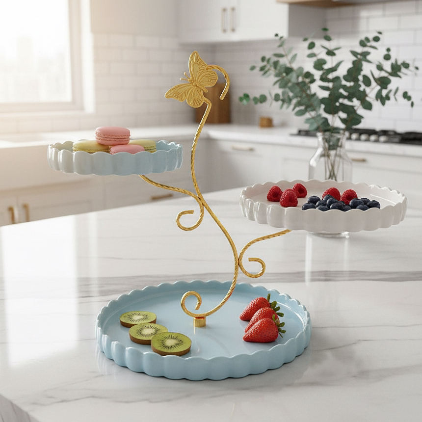 欧式多层水果盘现代客厅陶瓷三层零食糖果盘创意时尚干果点心架子