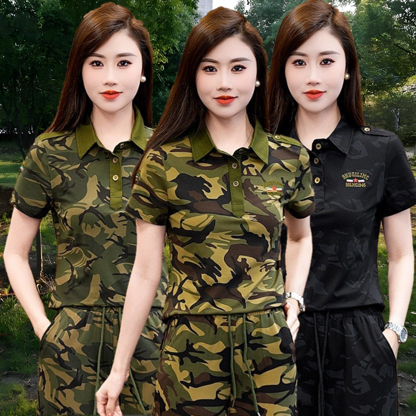 迷彩翻领短袖T恤女2026夏装水兵舞军迷迷彩黑迷彩服修身休闲上衣s