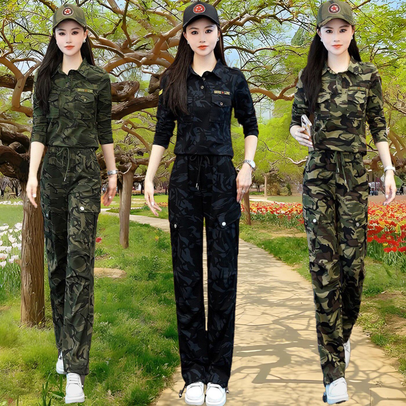 户外迷彩作训套装女春秋军绿色时尚休闲工装裤两件套长袖T恤一套M