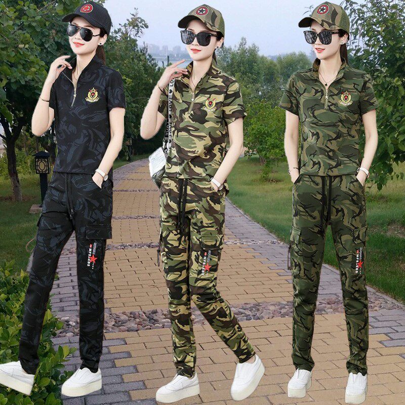户外迷彩服翻领短袖T恤套装女夏装水兵舞团体一套休闲长裤两件套M