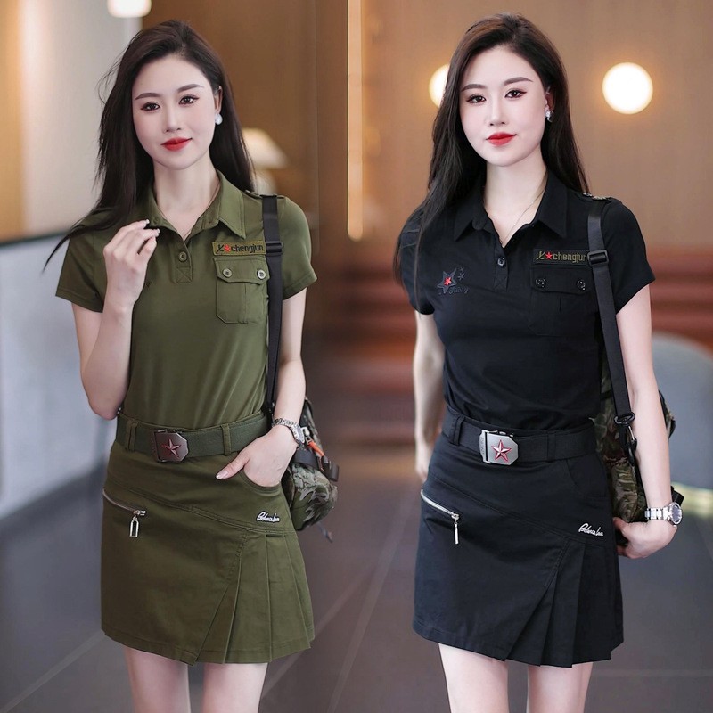 胡赛军绿短裙套装女一套2025夏季气质翻领短袖小黑裙半身裙两件套