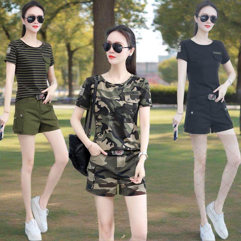 户外迷彩短袖短裤套装女军迷服2025夏季s条纹T恤一套热裤两件套潮