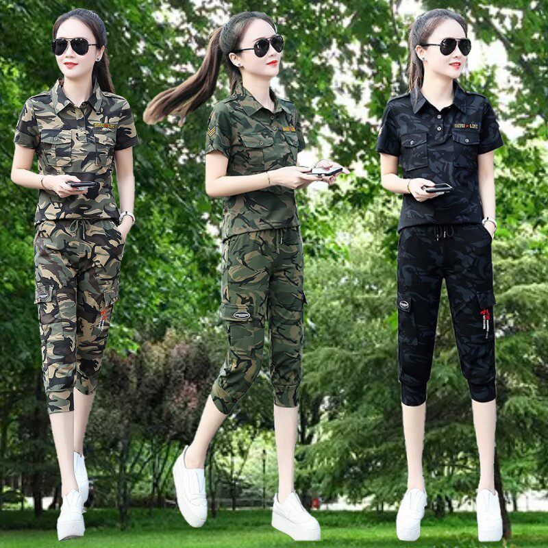 户外迷彩服翻领短袖T恤套装女一套黑色2024夏季军训七分裤两件套s