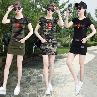 户外迷彩短袖T恤女2024夏装圆领修身显瘦黑色上衣水兵舞服上衣潮t
