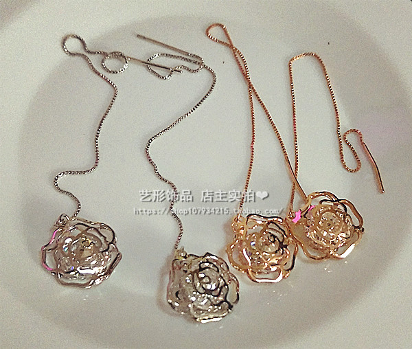 韩版明星同款赵丽颖玫瑰花锆石水钻长款流苏耳线 简约小巧耳环女