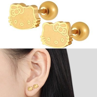 新款日韩简约小巧18k包金kitty猫钛钢螺丝拧扣耳钉女 甜美耳骨钉